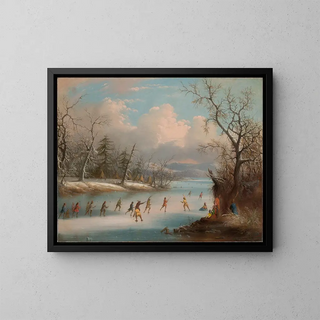 Indian playing lacrosse on ice - Edmund C. Coates — framed artwork on a wall
