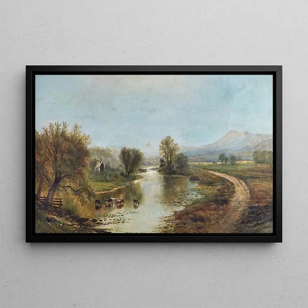 Panoramic landscape painting with farms, river, cows, and mountains - Edmund Darch Lewis — framed artwork on a wall