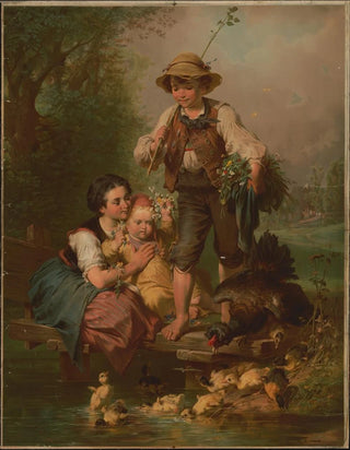 Boy and girl Germans with flowers looking at ducklings - Edmund Foerster Co — artwork view