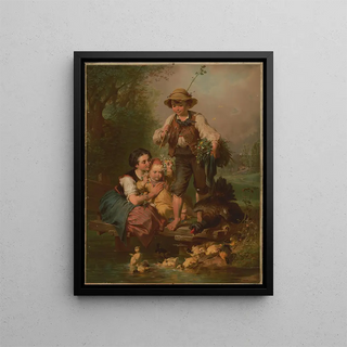 Boy and girl Germans with flowers looking at ducklings - Edmund Foerster Co — framed artwork on a wall