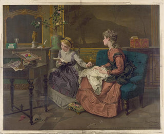 Two girls, one reading, the other sewing - Edmund Foerster Co — artwork view