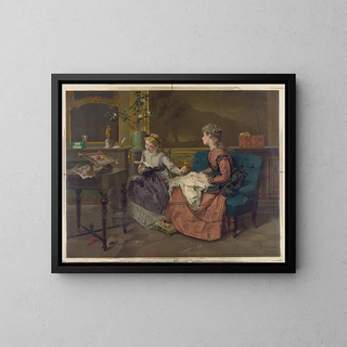 Two girls, one reading, the other sewing - Edmund Foerster Co — framed artwork on a wall