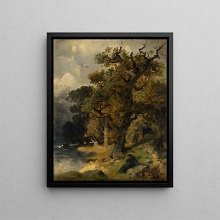 Autumn Oak Forest by the Lake - Edmund Kanoldt — framed artwork on a wall