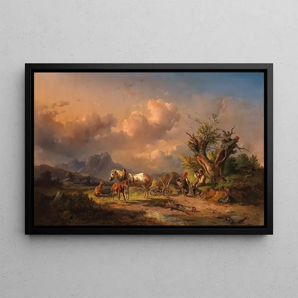 a peasant resting with animals grazing and a foal (case conflict) - Edmund Mahlknecht — framed artwork on a wall