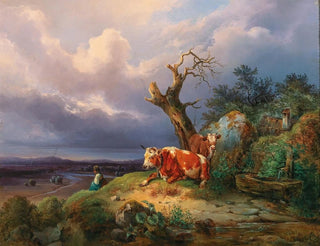 a Shepherdess with Two Cows in a Vast Landscape - Edmund Mahlknecht — artwork view