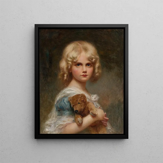 Portrait of Eva with a teddy bear - Édouard Cabane — framed artwork on a wall