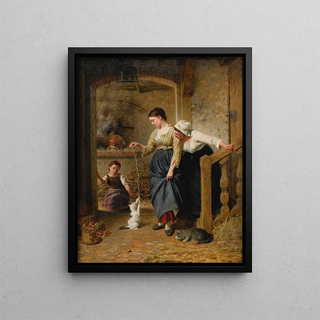 Playing with kittens - Édouard Castres — framed artwork on a wall