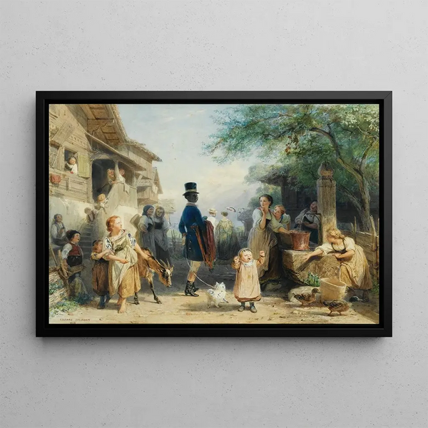 Village scene lively - Édouard Girardet — framed artwork on a wall