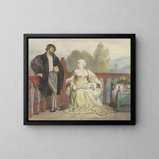 Francesca de Rimini and Paolo de Polenta with their child on a balcony - Édouard Hamman — framed artwork on a wall