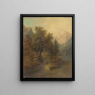 Alpine landscape with a boat - Eduard Böhm — framed artwork on a wall