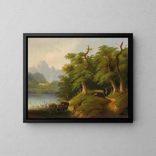 Mountain Lake with Human Figures - Eduard Böhm — framed artwork on a wall