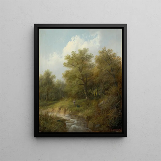 Mountain Stream with Fisherman - Eduard Böhm — framed artwork on a wall
