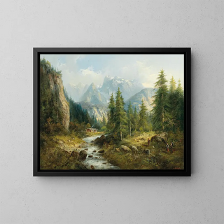 Mountain landscape painting with decorative figures - Eduard Böhm — framed artwork on a wall