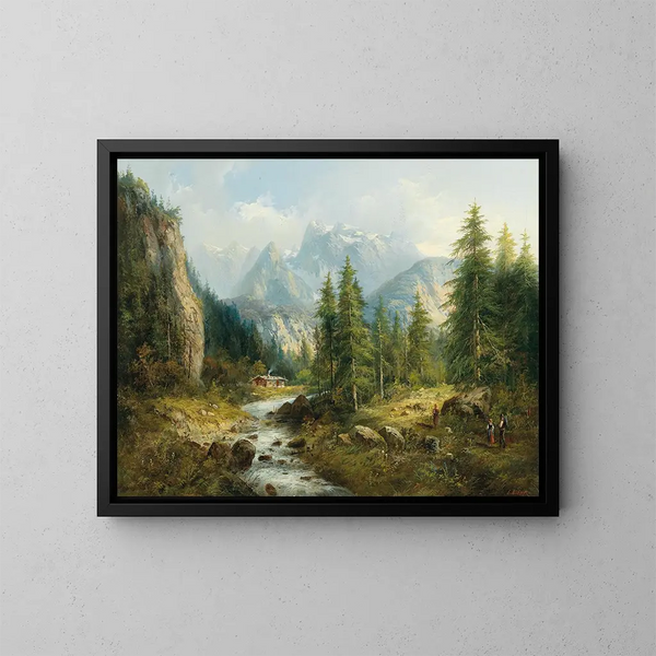 Mountain landscape painting with decorative figures - Eduard Böhm — framed artwork on a wall