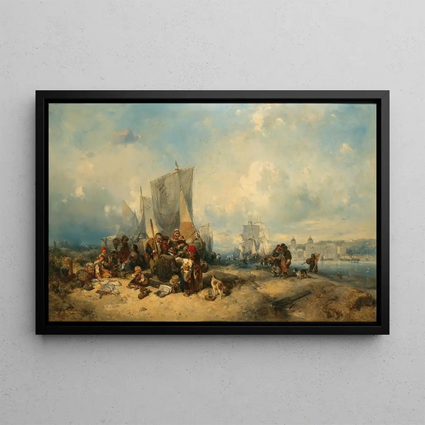 an animated scene on the Thames Embankment, with the former Royal Navy College in Greenwich in the background - Eduard Hildebrandt — framed artwork on a wall