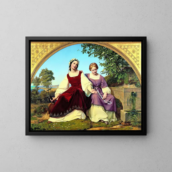 Two girls at the well - Eduard Julius Friedrich Bendemann — framed artwork on a wall