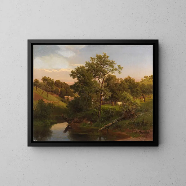 River with peasant house and herdsman - Eduard Leonhardi — framed artwork on a wall