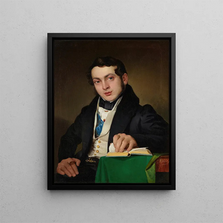 Young man sitting in a black skirt - Eduard Ritter — framed artwork on a wall