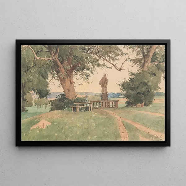 Landscape painting with Saint-Nepomucene statue - Eduard Zetsche — framed artwork on a wall