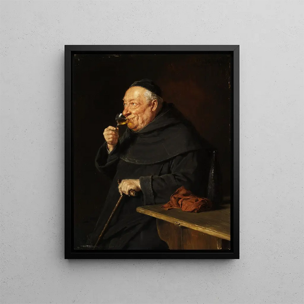 Benedictine Monk with Wine at Breakfast - Eduard von Grützner — framed artwork on a wall