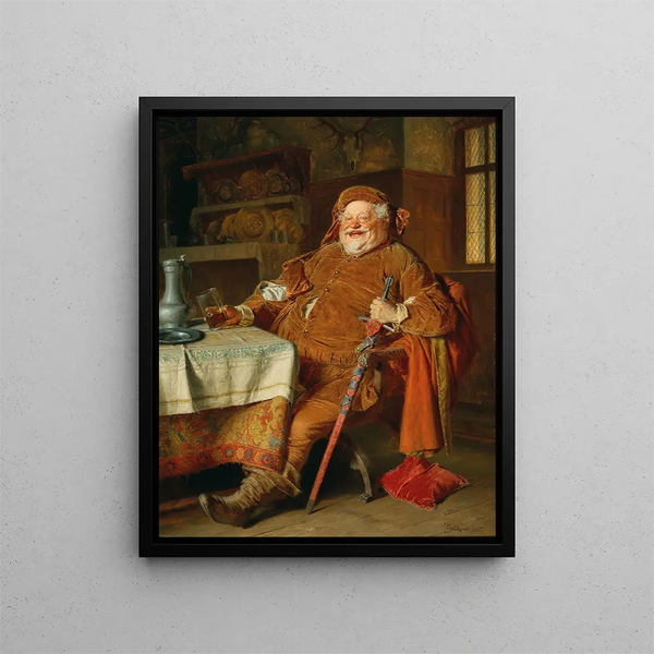 Falstaff with a sword, wine jug, and glass - Eduard von Grützner — framed artwork on a wall