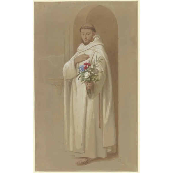 Monk Chartreux with a bouquet of symbolic flowers - Eduard von Steinle — framed artwork on a wall
