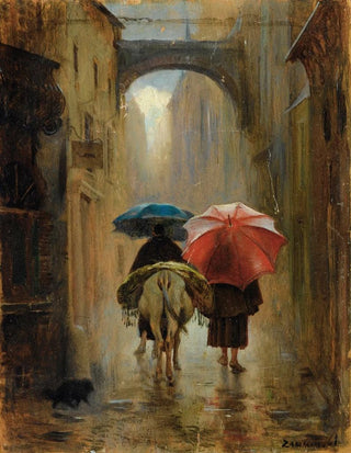 Pilgrims from behind in the rain - Eduardo Zamacois y Zabala — artwork view
