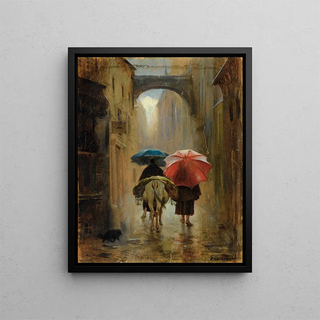 Pilgrims from behind in the rain - Eduardo Zamacois y Zabala — framed artwork on a wall