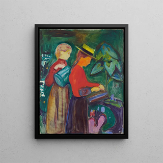 Girls watering flowers The linden trees frieze - Edvard Munch — framed artwork on a wall