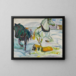 Horse Team and a Saint Bernard in the snow - Edvard Munch — framed artwork on a wall