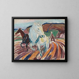 horses plowing - Edvard Munch — framed artwork on a wall
