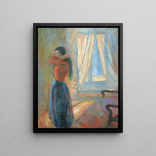 Woman Looking at Herself in the Mirror - Edvard Munch — framed artwork on a wall