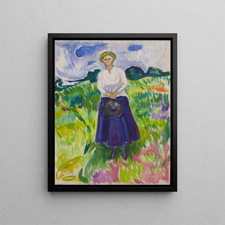 Woman in a Green Meadow - Edvard Munch — framed artwork on a wall