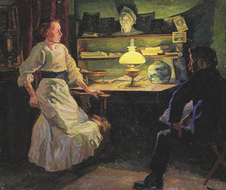 Interior painting with lamp light and two figures - Edvard Weie — artwork view