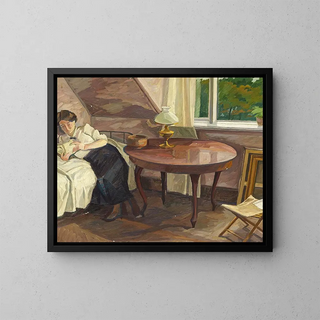 Interior painting with woman reading - Edvard Weie — framed artwork on a wall