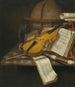 a vanitas painting featuring a violin, a recorder, and sheet music on a marble table - Edwaert Collier — artwork view