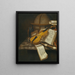 a vanitas painting featuring a violin, a recorder, and sheet music on a marble table - Edwaert Collier — framed artwork on a wall
