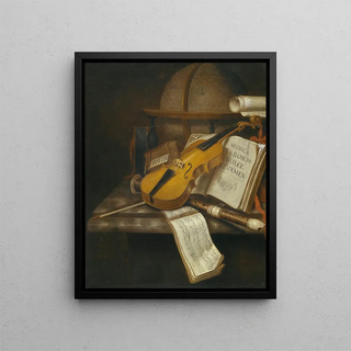 a vanitas painting featuring a violin, a recorder, and sheet music on a marble table - Edwaert Collier — framed artwork on a wall