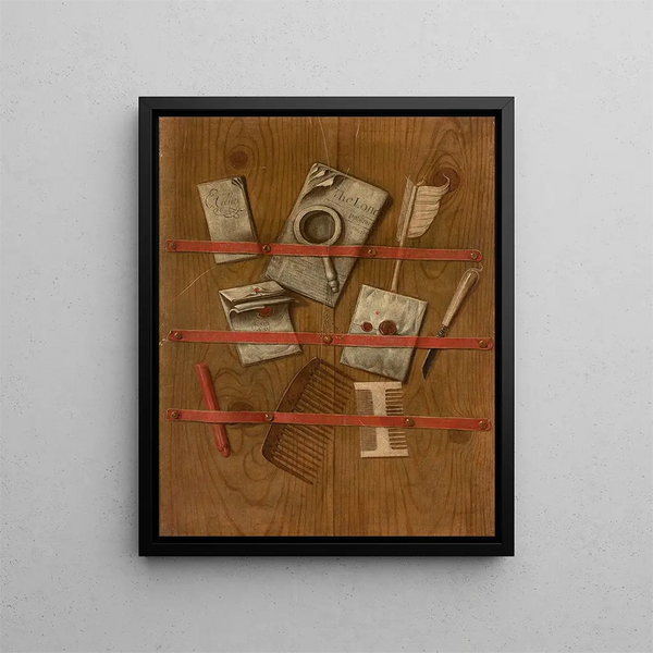 Trompe-l'œil au journal aux lettres et aux peignes - Edwaert Collier — framed artwork on a wall