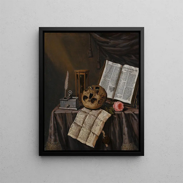 Vanitas still life painting - Edwaert Collier — framed artwork on a wall