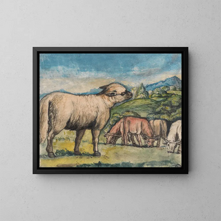 Lamb and oxen in a pastoral landscape - Edward Calvert — framed artwork on a wall
