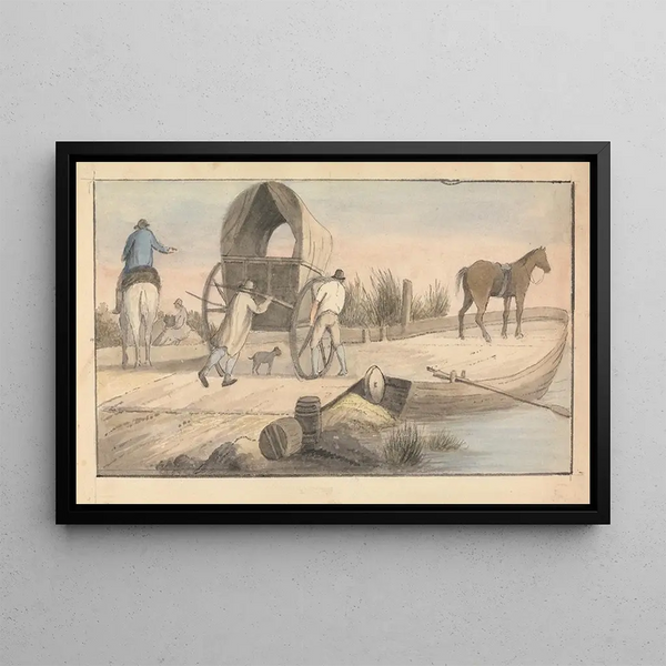 Embarkation on the ferry - Edward Francis Burney — framed artwork on a wall