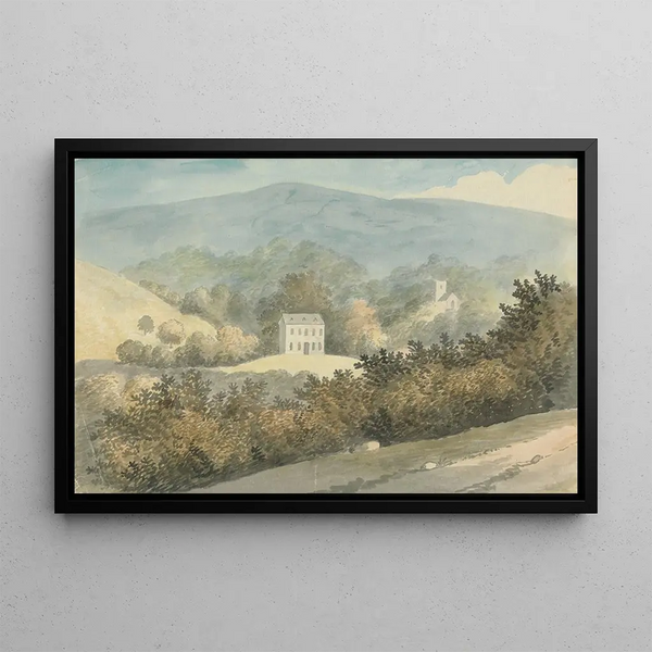 Landscape painting with house - Edward Francis Burney — framed artwork on a wall