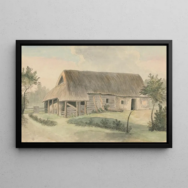 Barn with thatched roof - Edward Francis Burney — framed artwork on a wall