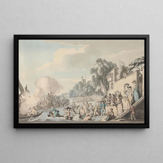 View of Chelsea from the annual rowing race for the Doggett's Coat and Badge - Edward Francis Burney — framed artwork on a wall