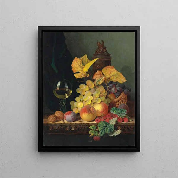 a painting, a wine glass, grapes, peaches, plums, raspberries, and nuts on a wooden ledge - Edward Ladell — framed artwork on a wall