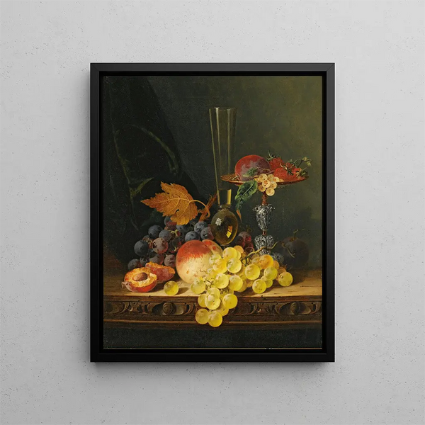 Nature morte with a fruit, tazza, and a wine glass - Edward Ladell — framed artwork on a wall