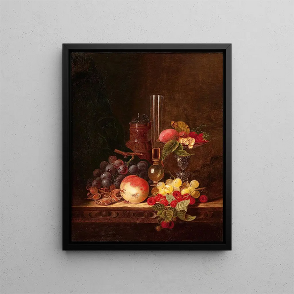 Still life with ceramic jug, wine glass, and bowl with fruits - Edward Ladell — framed artwork on a wall