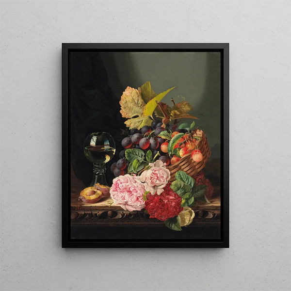 Still life with peonies and a glass of wine - Edward Ladell — framed artwork on a wall