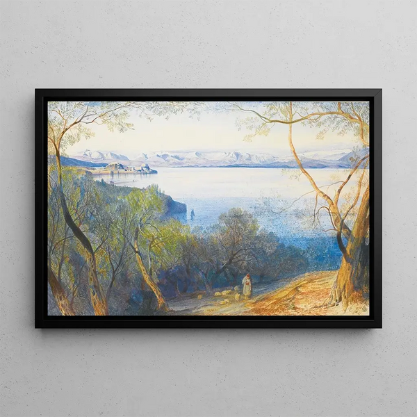 the distant view of Corfu Fortress - Edward Lear — framed artwork on a wall